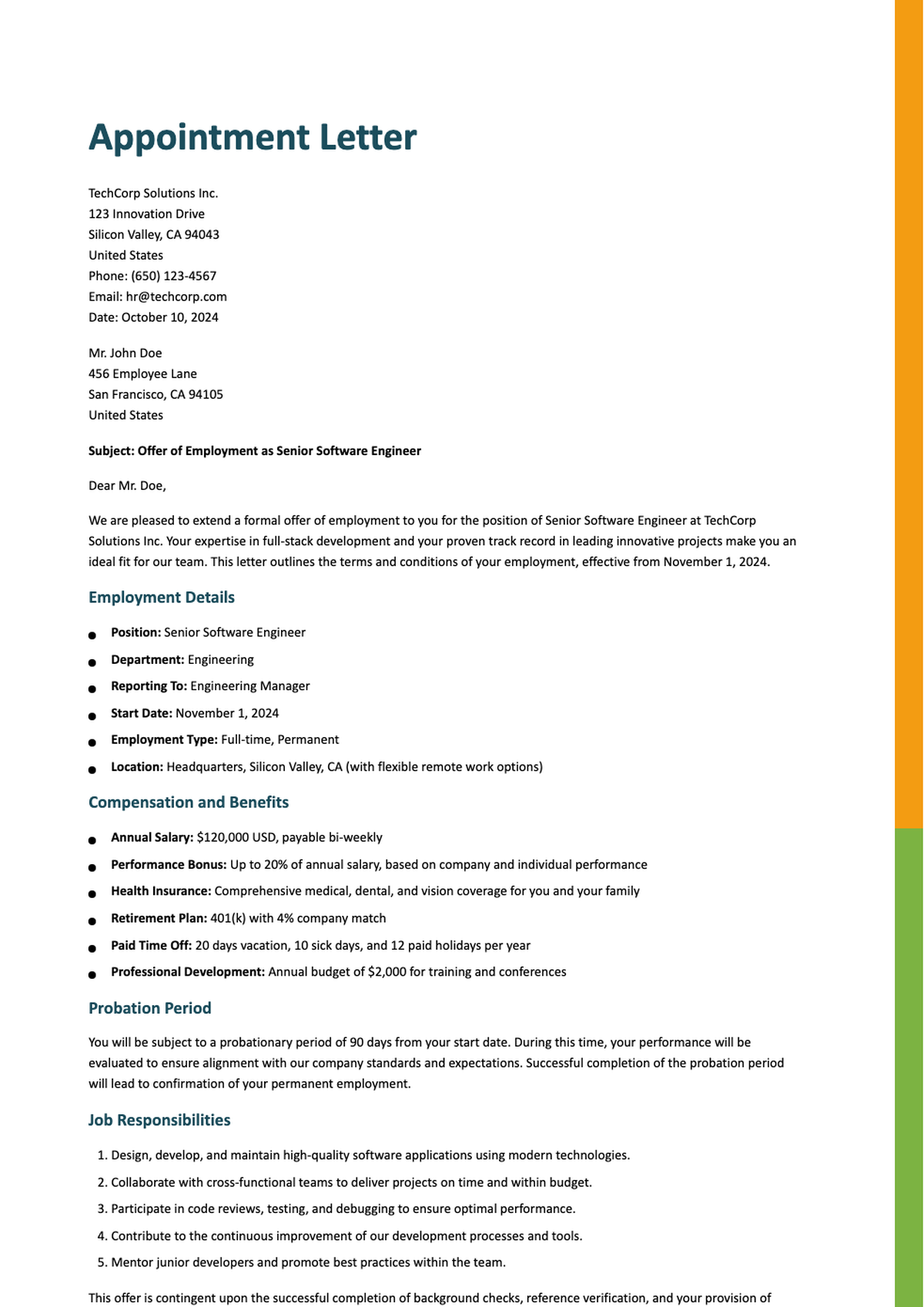 Sample appointment letter format template with placeholders for job details and compensation_variant_3